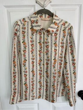 Vintage Tory Burch Cream Floral-Chain Vertical Stripe Button-Down Shirt Blouse